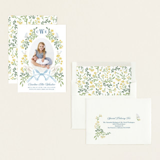 This is a daffodil birth announcements with standard by Alice Nelen called floral forest friends printing on recycled smooth signature in standard