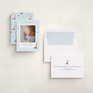 This is a maritime birth announcements with standard by Corinne Malesic called little sail boat printing on recycled smooth signature in standard