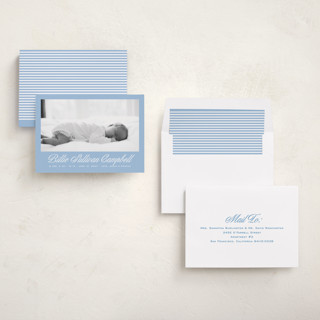 This is a chambray birth announcements with standard by Megan Davis called chambray printing on recycled smooth signature in standard