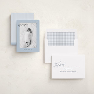 This is a powder birth announcements with standard by Jenna Holcomb called nostalic handwriting printing on recycled smooth signature in standard