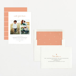 This is a tangerine birth announcements with standard by Lisa Assenmacher called with full hearts printing on recycled smooth signature in standard