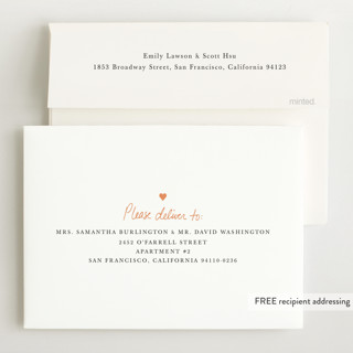This is a tangerine birth announcements with standard by Lisa Assenmacher called with full hearts printing on recycled smooth signature in standard