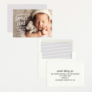 This is a cloud birth announcements with standard by Lea Delaveris called all write printing on recycled smooth signature in standard