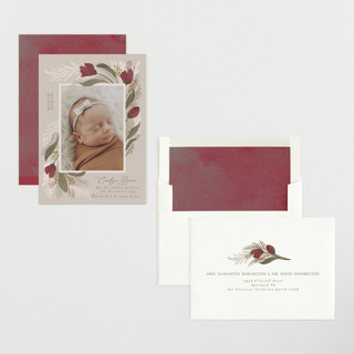 This is a mulberry birth announcements with standard by Joanna Griffin called boho bouquet printing on recycled smooth signature in standard