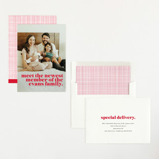 This is a ruby birth announcements with standard by Lori Wemple called newest printing on recycled smooth signature in standard