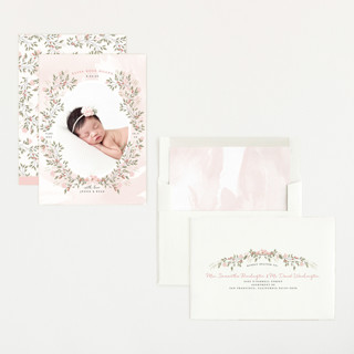 This is a blush birth announcements with standard by Susan Moyal called sweet floral vine printing on recycled smooth signature in standard