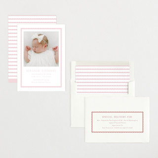 This is a petal birth announcements with standard by Emily Betts called sweetest scallop printing on recycled smooth signature in standard