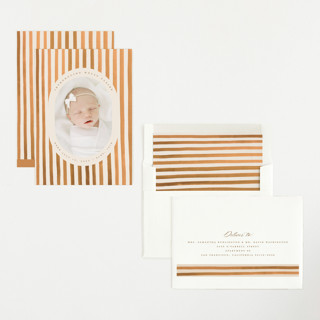 This is a sand birth announcements with standard by Teju Reval called vintage stripes printing on recycled smooth signature in standard
