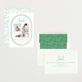 This is a lime birth announcements with standard by Corinne Malesic called festive monogram printing on recycled smooth signature in standard