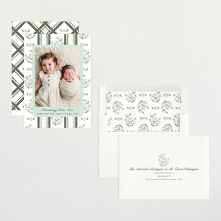 This is a leaf birth announcements with standard by Jackie Crawford called cottage watercolor ribbon printing on recycled smooth signature in standard