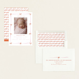 This is a scarlet birth announcements with standard by Susan Zinader called preppy bow border printing on recycled smooth signature in standard