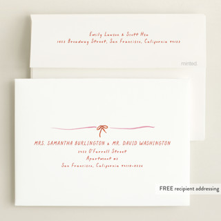 This is a scarlet birth announcements with standard by Susan Zinader called preppy bow border printing on recycled smooth signature in standard