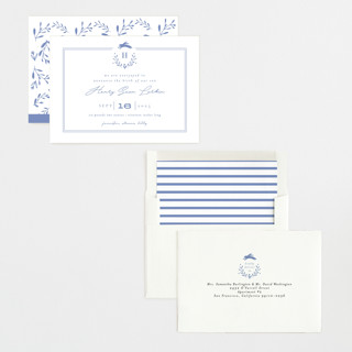 This is a cobalt blue birth announcements with standard by Susan Brown called classic baby monogram printing on signature in standard