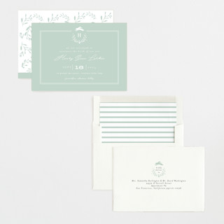 This is a pale mint birth announcements with standard by Susan Brown called classic baby monogram printing on signature in standard