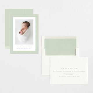 This is a moss birth announcements with standard by Lea Delaveris called linen frame printing on recycled smooth signature in standard