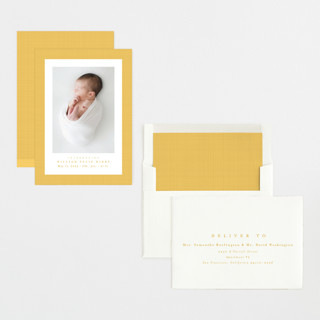 This is a mac and cheese birth announcements with standard by Lea Delaveris called linen frame printing on recycled smooth signature in standard