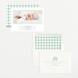 This is a moss birth announcements with standard by Erin Hodges called classic monogram printing on recycled smooth signature in standard