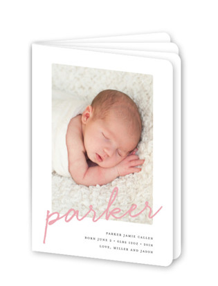 This is a pink birth announcement by Sara Hicks Malone called Joyful Memories with standard printing on signature80 in booklette.