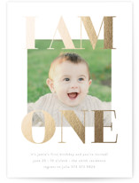 This is a gold kids birthday invitation by Phrosne Ras called i am one with foil-pressed printing on smooth signature in standard.