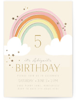 This is a brown kids birthday invitation by Kiersten Garner called Rainbow Birthday with foil-pressed printing on signature in standard.