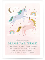 This is a pink kids birthday invitation by Karidy Walker called magical unicorns with foil-pressed printing on signature in standard.