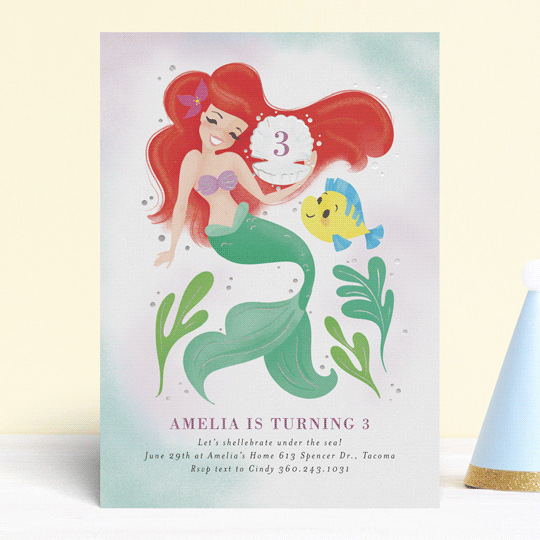 "Disney's Little Mermaid Shellebrate!" - Foil-pressed Children's Birthday Party Invitations in Lilac by Itsy Belle Studio.