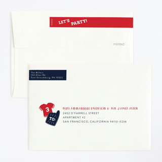 This is a navy kids birthday invitations with standard by JeAnna Casper called sports printing on signature in standard