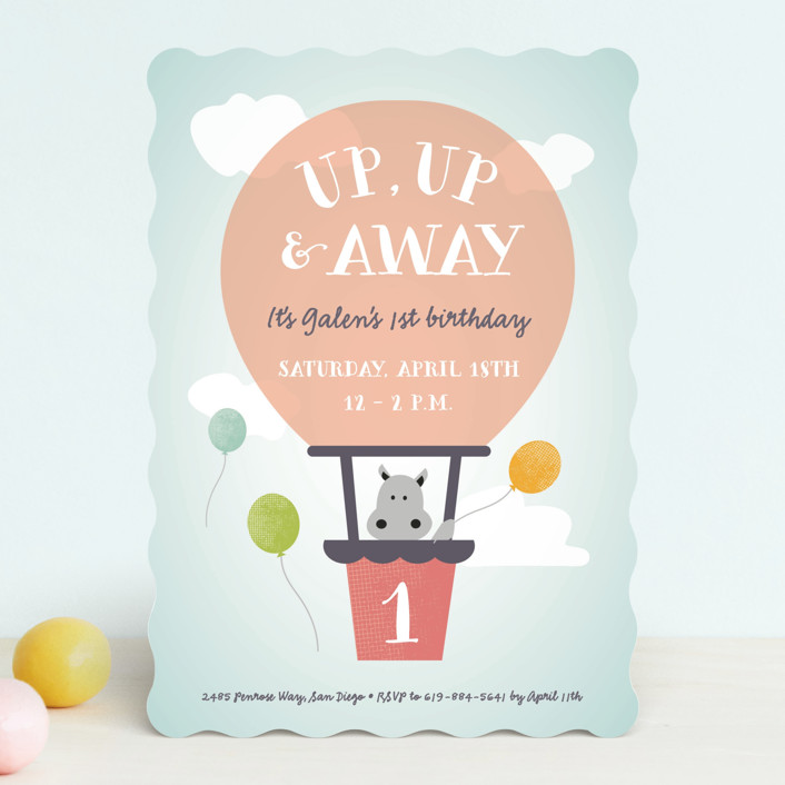 "Up, Up & Away" - Children's Birthday Party Invitations in Peach by Erica Krystek.