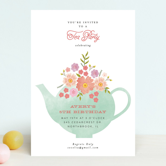 "Tea Party" - Children's Birthday Party Invitations in Mint by Nazia Hyder.