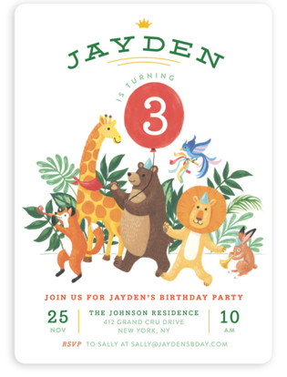 This is a orange kids birthday invitation by Shannon Chen of Four Wet Feet Studio called Animal Safari.