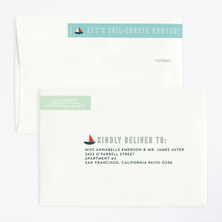This is a lagoon kids birthday invitations with standard by Jessica Voong called sail-ebrate printing on signature in standard