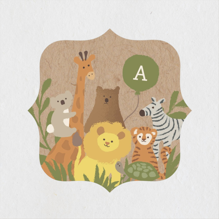 "Zoo friends" - Children's Birthday Party Stickers in Kraft by Jennifer Wick.