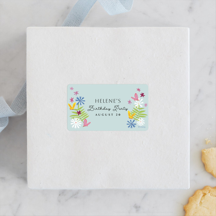 "Disney's Alice in Wonderland in the Flower Garden" - Children's Birthday Party Stickers in Aqua by Becky Nimoy.