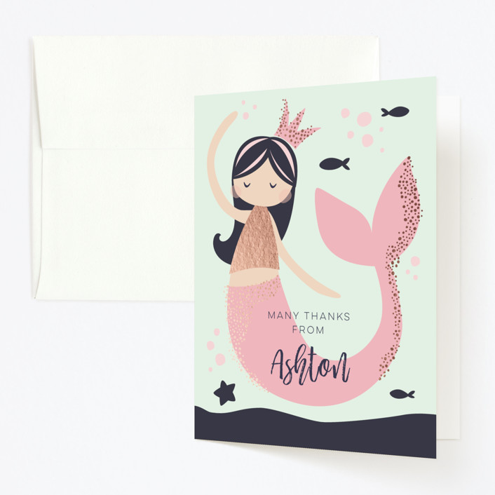 "Glitter Mermaid" - Foil-pressed Children's Birthday Party Thank You Cards in Deep Sea by peetie design.