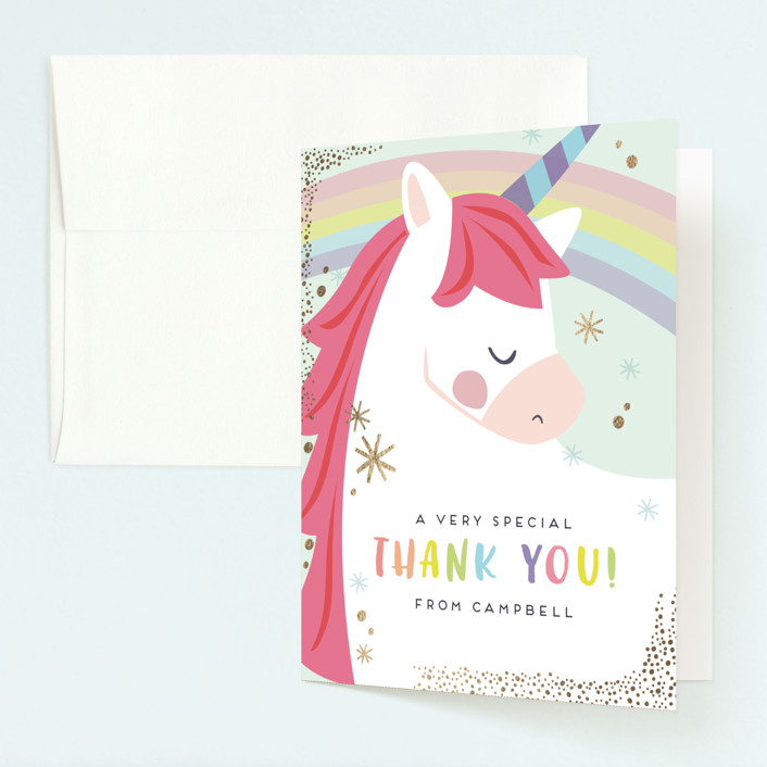 "unicorno" - Foil-pressed Children's Birthday Party Thank You Cards in Bubblegum by peetie design.