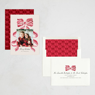 This is a berry photo christmas cards with standard by Vivian Yiwing called stripes bow printing on recycled smooth signature in standard