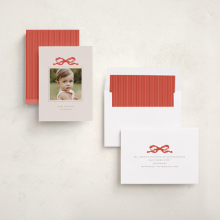 This is a coral photo christmas cards with standard by Olivia Kanaley Inman called taffeta bow printing on recycled smooth signature in standard