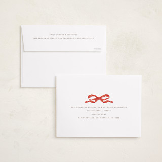 This is a coral photo christmas cards with standard by Olivia Kanaley Inman called taffeta bow printing on recycled smooth signature in standard
