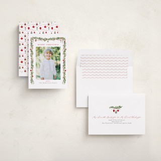 This is a holly berry photo christmas cards with standard by Susan Moyal called pine garland printing on recycled smooth signature in standard