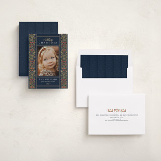 This is a royal photo christmas cards with standard by leslie hamer called ornate scroll printing on recycled smooth signature in standard