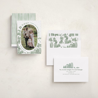This is a wreath photo christmas cards with standard by Jenna Holcomb called azulejo village printing on recycled smooth signature in standard