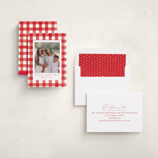 This is a santa suit photo christmas cards with standard by Brooke Chandler called merry gingham printing on recycled smooth signature in standard