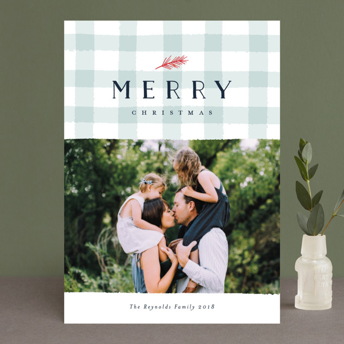 "Charming Gingham" - Elegant, Hand Drawn Christmas Photo Cards in Mint by Carolyn MacLaren.