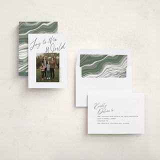This is a pine photo christmas cards with standard by Pixel and Hank called joy the the world scripted printing on recycled smooth signature in standard