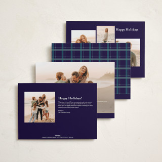 This is a navy photo christmas cards with standard by Makewells called plaid peace printing on recycled smooth signature in standard
