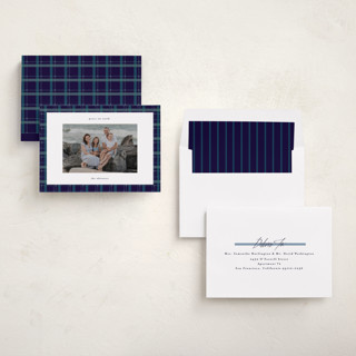 This is a navy photo christmas cards with standard by Makewells called plaid peace printing on recycled smooth signature in standard