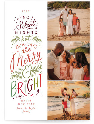 This is a festive photo christmas cards with standard by Alethea and Ruth called no silent nights printing on recycled smooth signature in standard