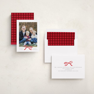 This is a crimson photo christmas cards with standard by Olivia Kanaley Inman called crimson bow printing on recycled smooth signature in standard