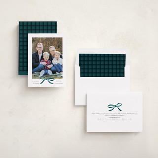 This is a blue velvet photo christmas cards with standard by Olivia Kanaley Inman called crimson bow printing on recycled smooth signature in standard