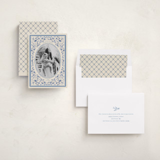 This is a porcelain photo christmas cards with standard by Sabrin Deirani called peaceful blooms in blue printing on recycled smooth signature in standard